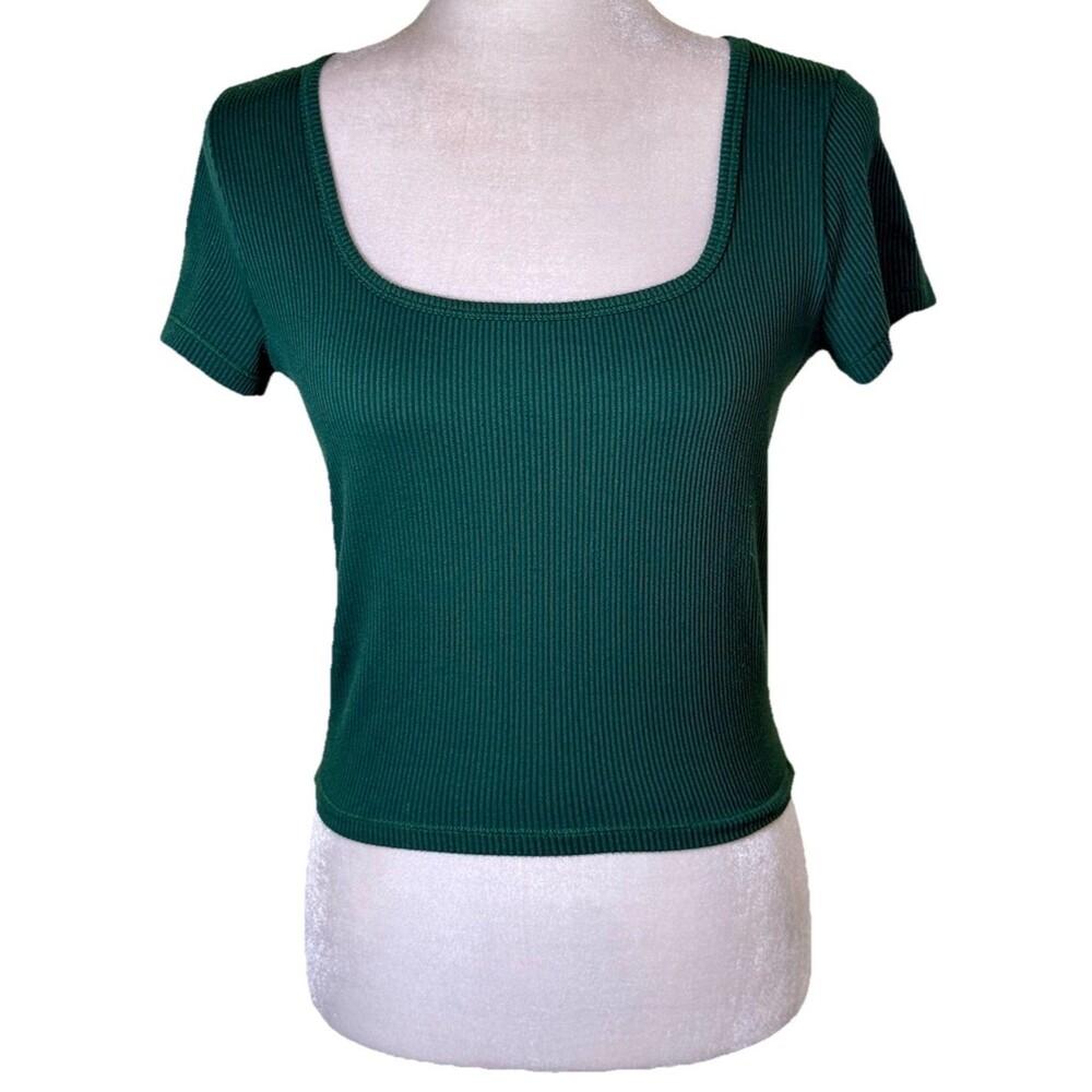 Hollister Women Green Ribbed Knit Square Neck Short Sleeve‎ Fitted Baby Tee Med